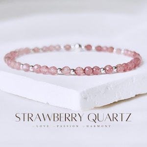 Aardbeikwarts kralenarmbanden. Natuurlijke edelsteensieraden. 925 sterlingzilver. rekbare armband. cadeaus voor haar.