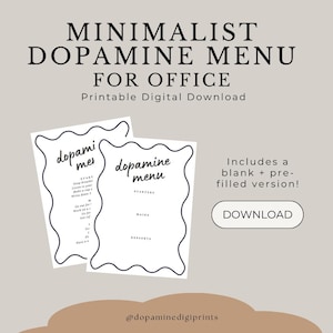 Puede incluir: Una descarga digital imprimible de un menú de dopamina minimalista para la oficina. El menú está diseñado con un borde ondulado e incluye secciones para entrantes, platos principales y postres. El texto "menú de dopamina" está escrito en una fuente manuscrita. La descarga incluye una versión en blanco y una versión pre-rellenada.