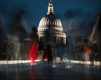 Fine Art Print #1 - St Paul’s cathedral at blue hour with people walking across the Millennium bridge.