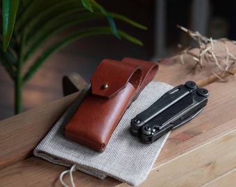Funda de cuero hecha a mano para Leatherman Wave+, funda para cinturón de cuero curtido vegetal color tostado