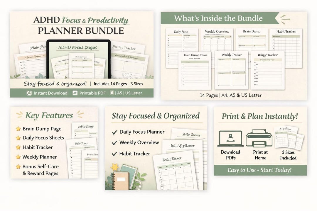 ADHD Planner Bundle | Daily Focus, Productivity, Brain Dump (printable ...