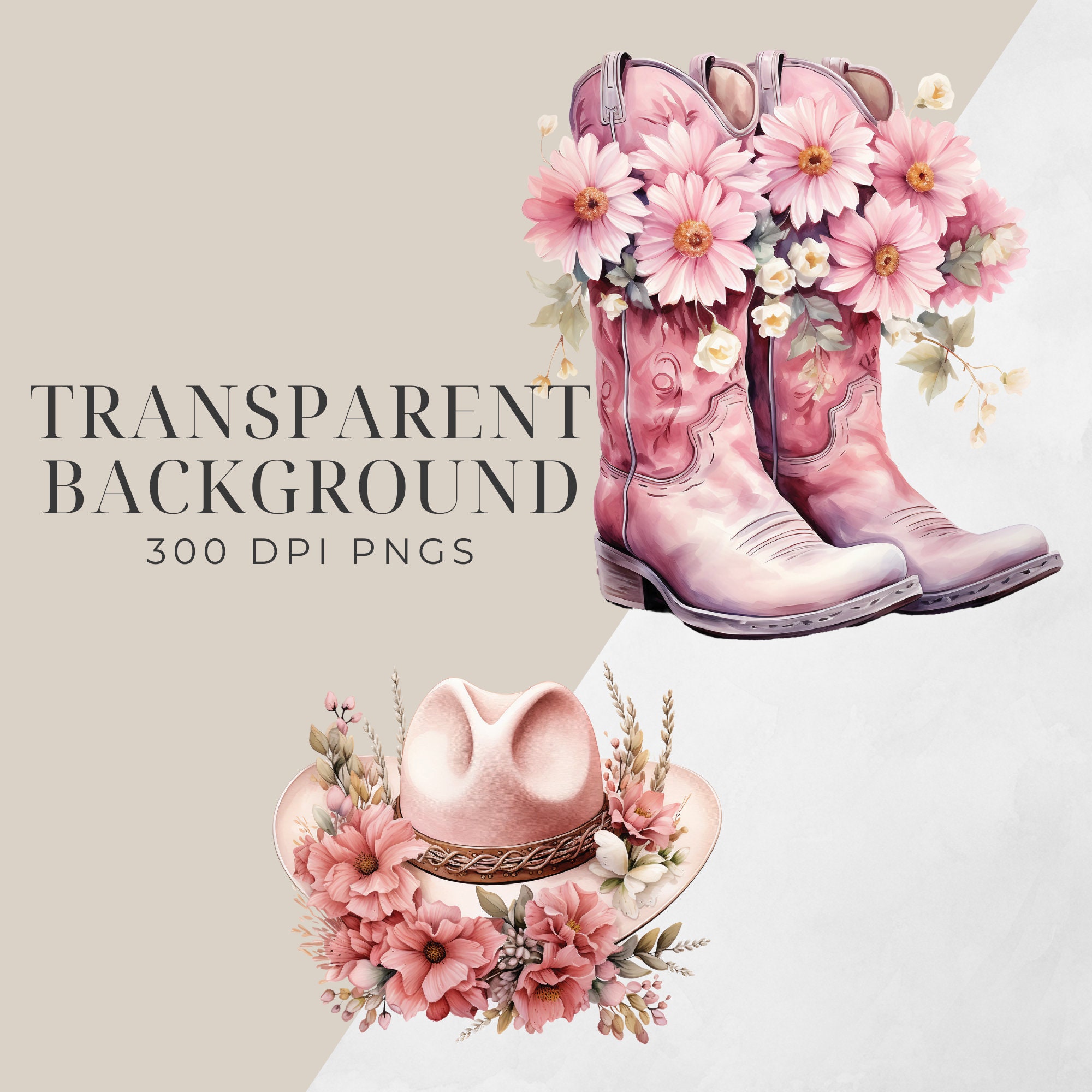 Pink Western Watercolor Cowgirl Boots With Flowers, Cowboy Hat Clipart ...
