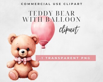 Cute Watercolour Teddy Bear Balloon Clip art, Bear baby shower, pink balloon clipart, Commercial use, Single watercolour teddy bear clipart