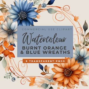 Clipart acquerello blu e arancione bruciato, grandi ghirlande, ortensie e dalie caduta fiori matrimonio clipart, uso commerciale, fiori autunnali