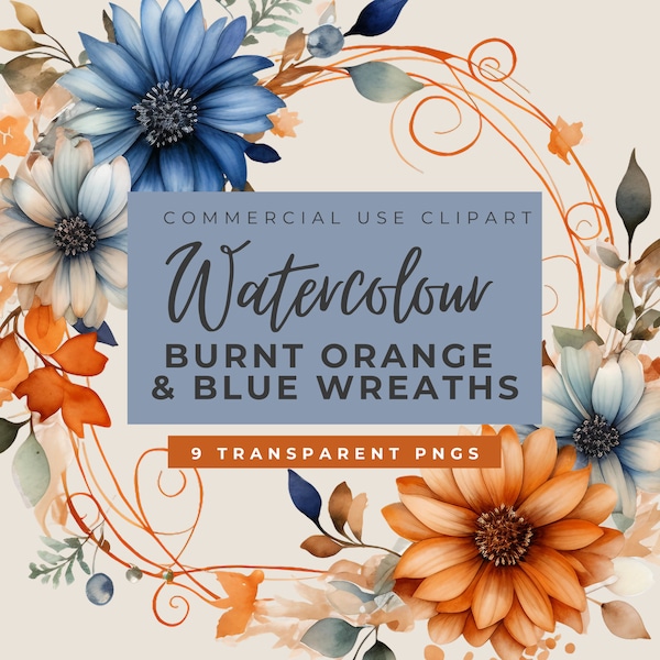 Watercolor Blue and Burnt Orange Clipart, Large Wreaths, Hydrangea and Dahlias Fall Wedding Flowers Clip Art, Commercial Use, Autumn Florals