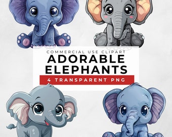 Lindo paquete de imágenes prediseñadas de elefante bebé, 4 archivos PNG de adorables diseños PNG para baby showers o arte de pared de guardería, descarga instantánea de uso comercial