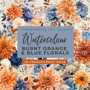 Aquarelle bleue et orange brûlée Floral Clipart Bundle, Hortensia et Dahlias Fleurs de mariage d’automne Clip Art, Utilisation commerciale, Fleurs d’automne