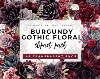 Watercolour Gothic Floral Clipart, Dark fairytale wedding flowers PNG, Dark succulents, burgundy wildflowers, wreaths, bouquets, goth bundle
