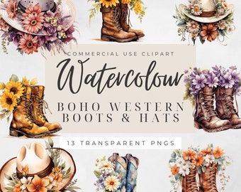 Boho Western Cappello da cowgirl acquerello con fiori, Sunflower Boot Clipart, Stivali da cowgirl, 13 pack boot clipart, download digitale, Uso commerciale
