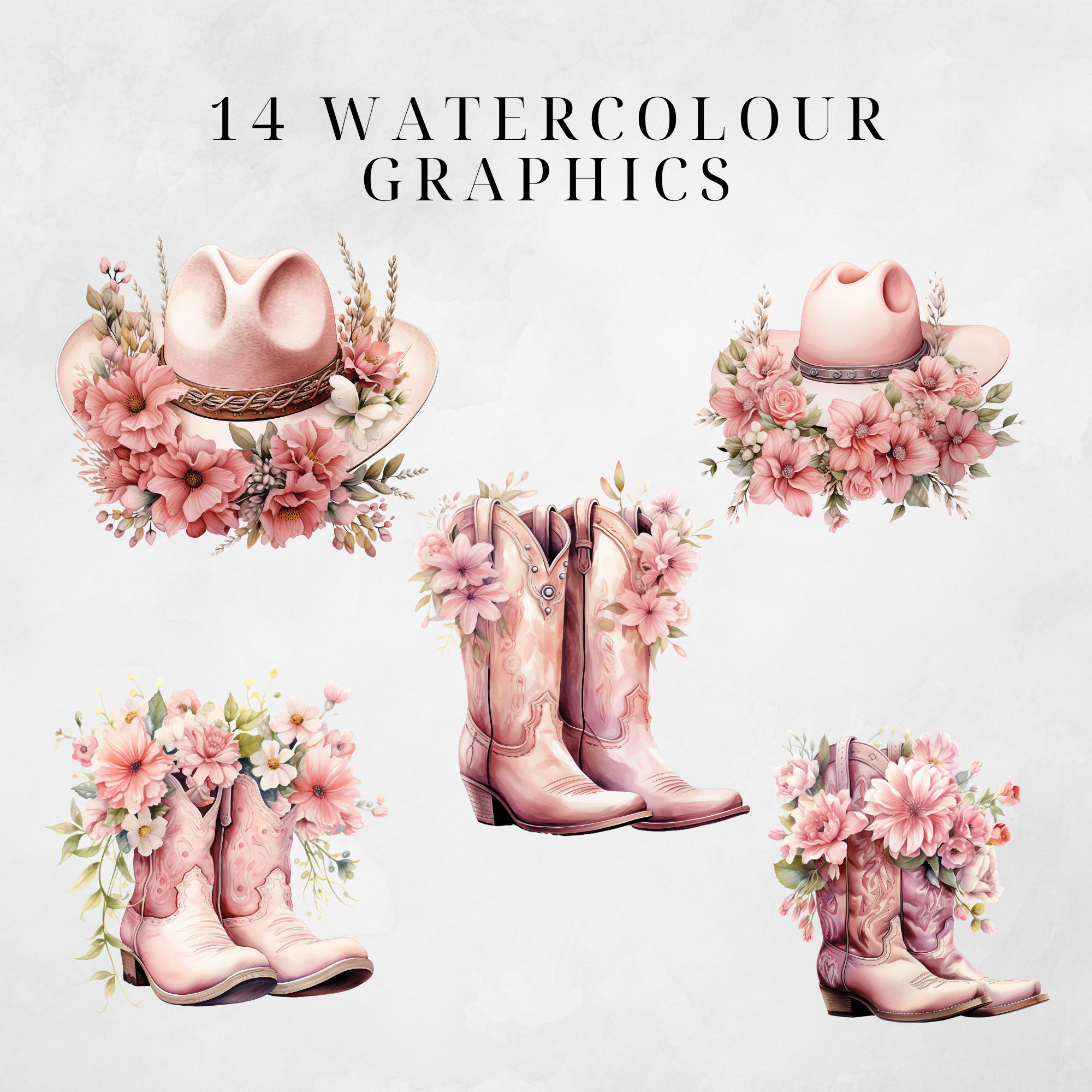 Pink Western Watercolor Cowgirl Boots With Flowers, Cowboy Hat Clipart ...