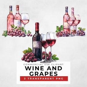Clipart vino acquerello, bottiglie di vino, bicchieri da vino, uva, clipart PNG trasparente, 3 immagini di alta qualità, uso commerciale