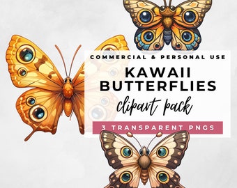 Kawaii Butterfly Clipart, 3 archivos png con fondo transparente, Spring Clipart, Garden Clipart, DESCARGA INSTANTE, uso comercial
