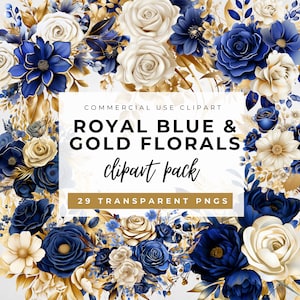 Marineblauwe en gouden bloemenboeketten, koningsblauwe bloemen clipart, commercieel gebruik, bruiloft uitnodiging illustraties, bloemenkransen, blauwe rozen PNG