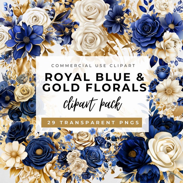 Navy Blue and Gold Floral Bouquets, Royal Blue Flowers Clipart, Commercial Use, Wedding Invitation Clip Art, Floral Wreaths, Blue Roses PNG