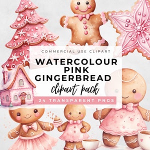 Pacchetto clipart acquerello rosa pan di zenzero, casa di pan di zenzero e biscotti, ragazza di pan di zenzero, clipart invernale, clipart di biscotti con glassa convogliata PNG