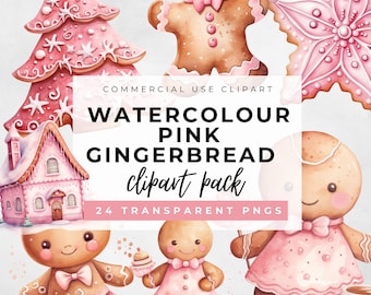 Watercolour Pink Gingerbread Clipart Bundle, Gingerbread House & Cookies, Gingerbread Girl, Winter Clipart, Piped icing cookies clipart PNG