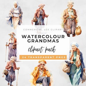 Watercolor Old Ladies Clipart Bundle, Cheerful Old Lady PNG, commercial use art, Grandmother Clipart, Png Sublimation Design, Granny Image