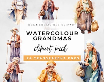 Watercolor Old Ladies Clipart Bundle, Cheerful Old Lady PNG, commercial use art, Grandmother Clipart, Png Sublimation Design, Granny Image