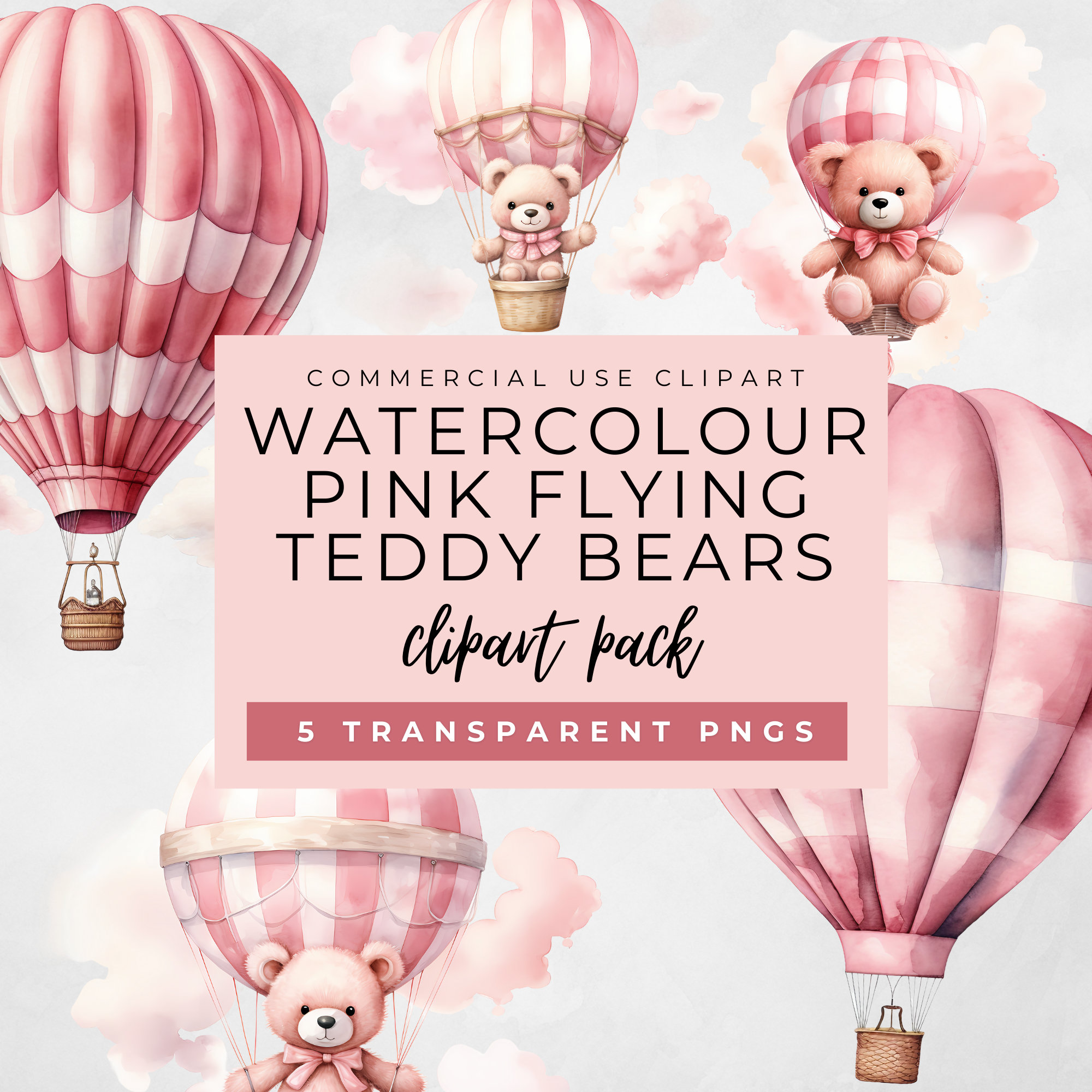 Watercolour Pastel Pink Teddy Bear Hot Air Balloon Clip Art Bundle ...