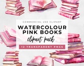 Watercolour pink stack of books clip art elements, Digital book tracker art, Open book illustrations, scrapbooking, commercial use pngs,