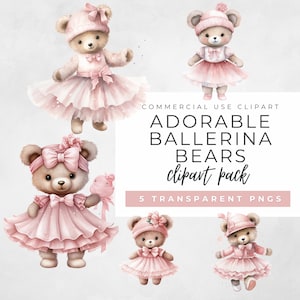 Pink Watercolor Ballerina Cute Teddy Clipart, Cute Ballet Teddy Bear Clipart,Christmas Cute Bears Tutu, Pink Teddy Bear Nursery Clipart PNG