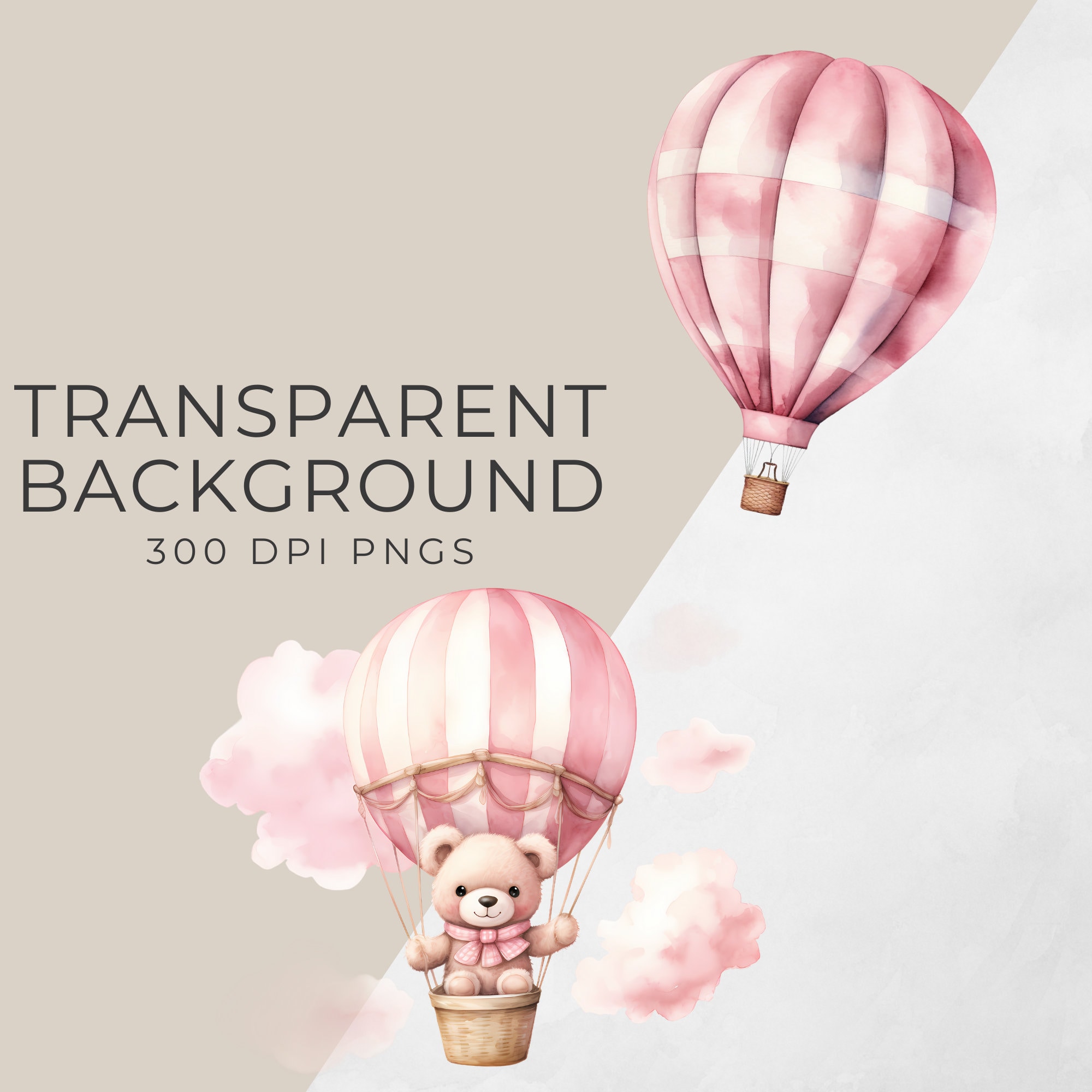 Watercolour Pastel Pink Teddy Bear Hot Air Balloon Clip Art Bundle ...