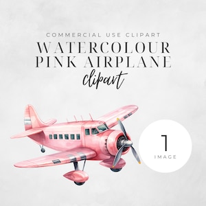 Può includere: Illustrazione ad acquerello di un aereo rosa con un'elica grigia. L'aereo sta volando nel cielo. L'immagine è etichettata "COMMERCIAL USE CLIPART WATERCOLOUR PINK AIRPLANE clipart 1 IMAGE".