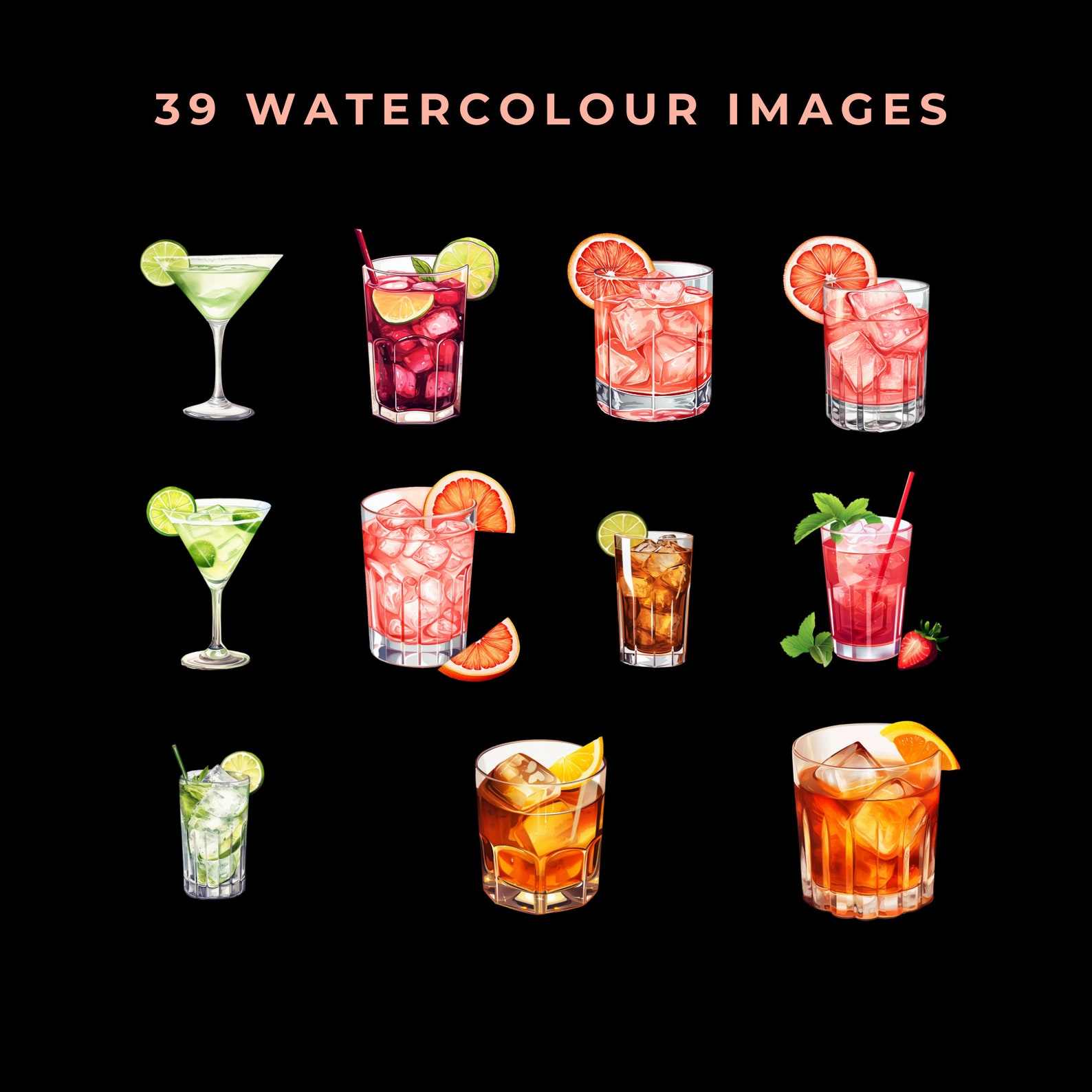 Watercolour Cocktail Clipart Pack, Signature Cocktails Drinks ...