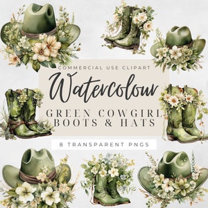 Western Watercolor cowgirl hat with flowers, Cowboy Boot Clipart, Sage Green cute boots,8 pack boot clipart, digital download,Commercial Use