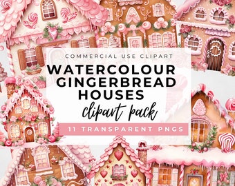 Pacchetto casa di pan di zenzero rosa pastello acquerello, clipart di Natale, clipart di pan di zenzero, inverno rosa, uso commerciale, download digitali
