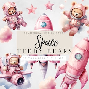 Pastel roze teddybeer beer in ruimte aquarel clipart, Rocket ship clipart, schattige astronauten, commercieel gebruik, ruimte kwekerij sterren en wolken