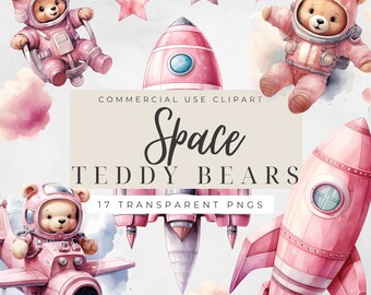 Pastel pink teddy bear bear in space watercolor clipart, Rocket ship clipart, Cute Astronauts,Commercial Use, Space nursery stars and clouds