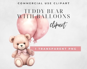Pink Watercolour Teddy Bear Balloons Clip art, Bear baby shower, pink balloon clipart, Commercial use, Single watercolour teddy bear clipart