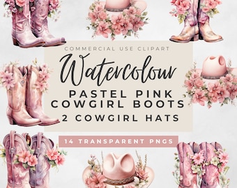 Pink Western Watercolor cowgirl boots with flowers, Cowboy hat Clipart, Pastel pink cute boots clipart, digital download,Commercial Use, png