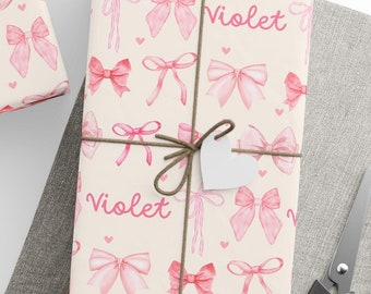 Custom Wrapping Paper with Name Girly Gift Wrap Coquette Birthday Gift Wrap Personalized Pink Bows Wrapping Paper Girly Birthday Supplies