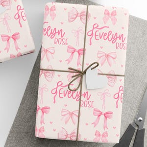 Custom Gift Wrap for Girl Wrapping Paper Pink Bows Birthday Decorations Coquette Birthday Gift Wrap Name Wrapping Paper Girl Birthday Party image 1