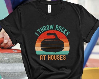 Curling Shirt Funny Curling Shirt I Throw Rocks At Houses Shirt Retro Sunset Curling T-shirt Punny Curling Tee Curling Gift Idea