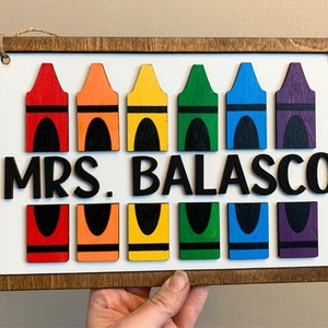 Personalized Teacher Rainbow Crayon Wood Door Sign | Custom Teacher Appreciation Gift | Back to School Teacher Door Hanger