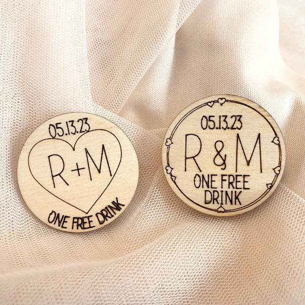 Custom Wedding Drink Tokens Wooden Drink Coins With Hearts Free Drink On Us Coin One Free Drink Personalized Wedding Drink Chips Favors