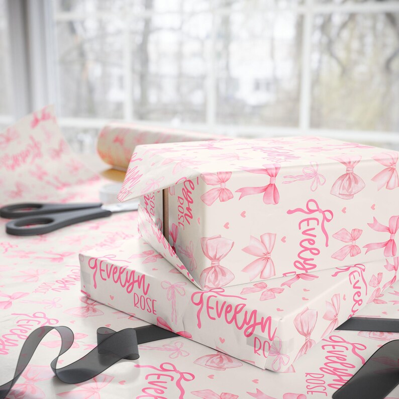 Custom Gift Wrap for Girl Wrapping Paper Pink Bows Birthday Decorations Coquette Birthday Gift Wrap Name Wrapping Paper Girl Birthday Party image 6