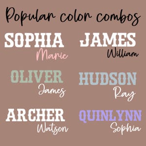 Puede incluir: Gr&aacute;fico con el texto "Popular color combos" en escritura negra. Debajo, nombres como "Sophia" y "James" se muestran en varios colores y fuentes, con nombres adicionales debajo. El fondo es marr&oacute;n apagado.