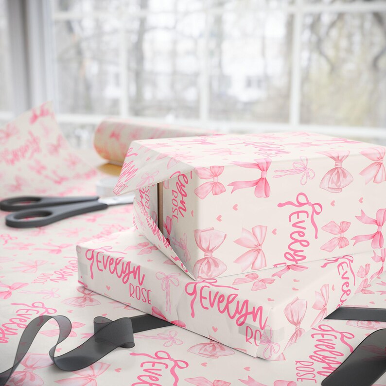 Custom Gift Wrap for Girl Wrapping Paper Pink Bows Birthday Decorations Coquette Birthday Gift Wrap Name Wrapping Paper Girl Birthday Party image 7