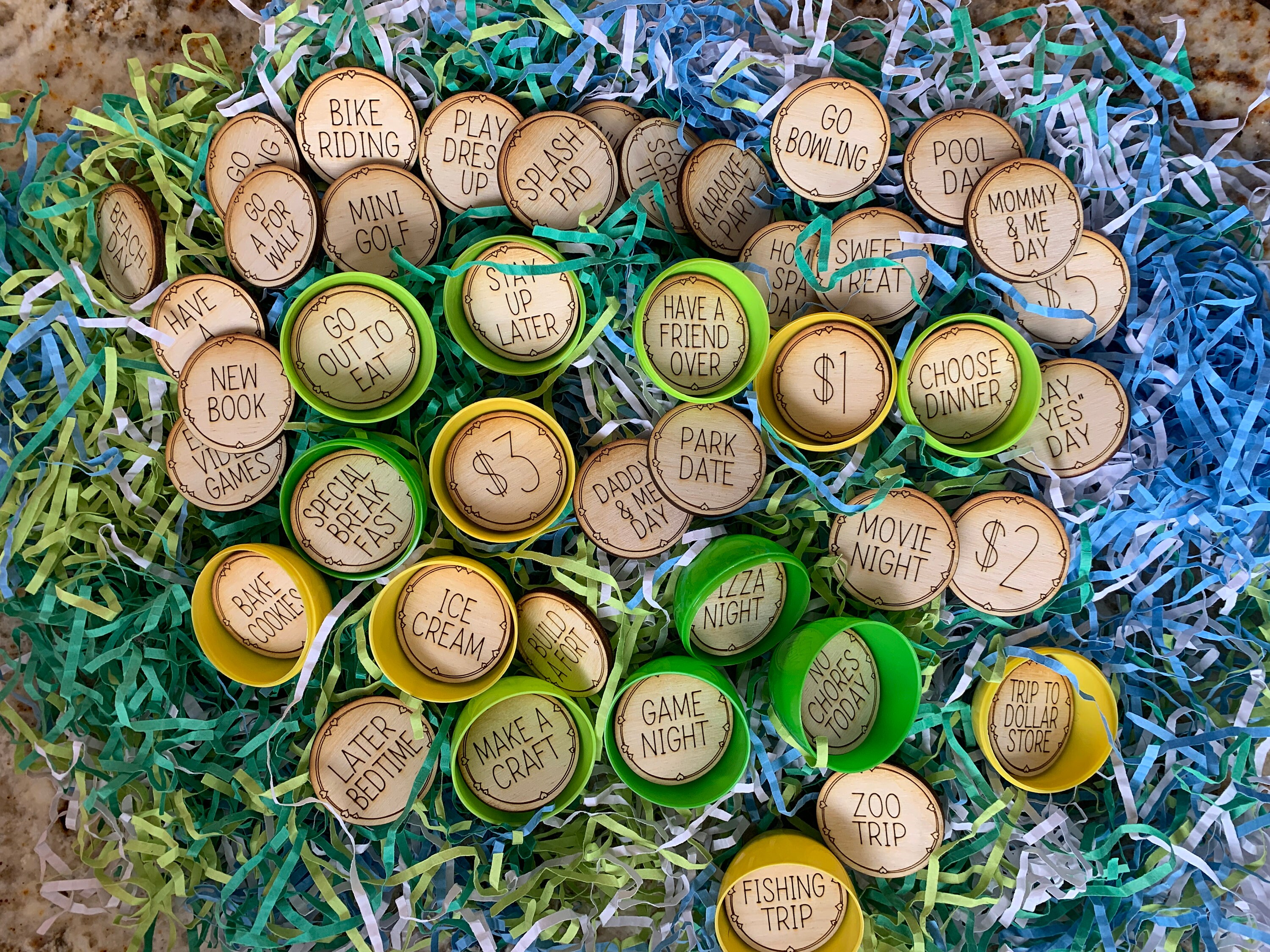 Easter Basket Egg Tokens Set of 42 | Easter Basket Stuffers | Wooden Easter Reward Coins | Egg Hunt Prizes and Rewards for Children