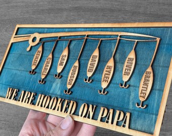 Hooked on Grandpa Personalized Father's Day Sign Hooked on Dad Fishing Lures Sign Custom Gift for Dad from Kids Papa Fishing Sign