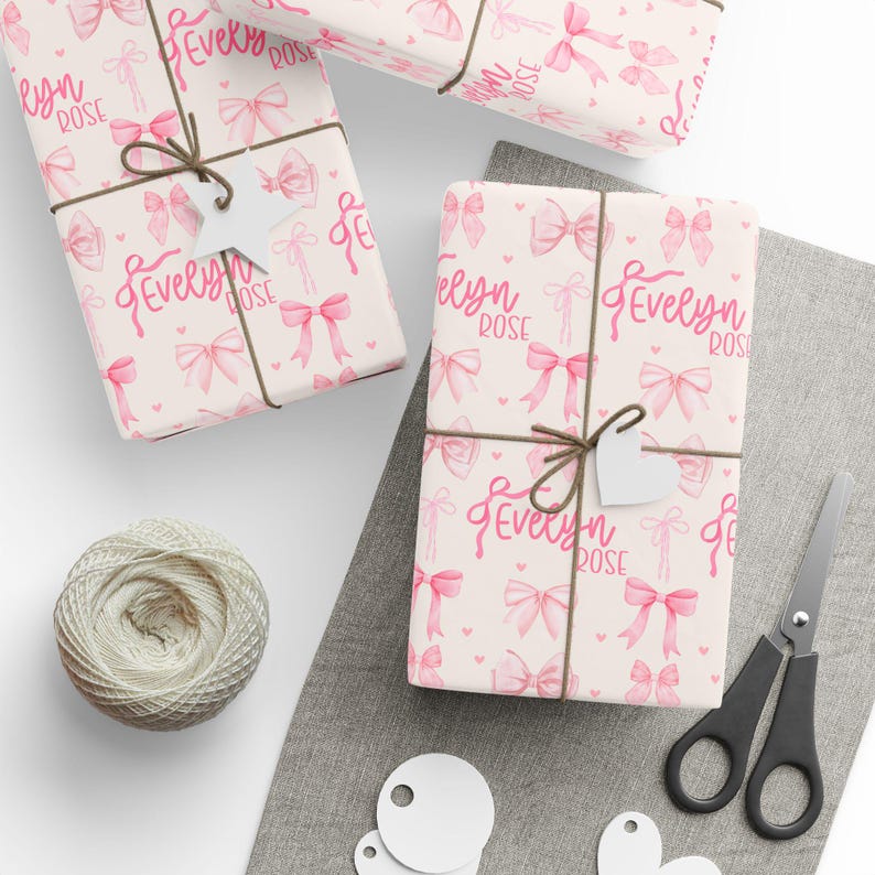 Custom Gift Wrap for Girl Wrapping Paper Pink Bows Birthday Decorations Coquette Birthday Gift Wrap Name Wrapping Paper Girl Birthday Party image 1