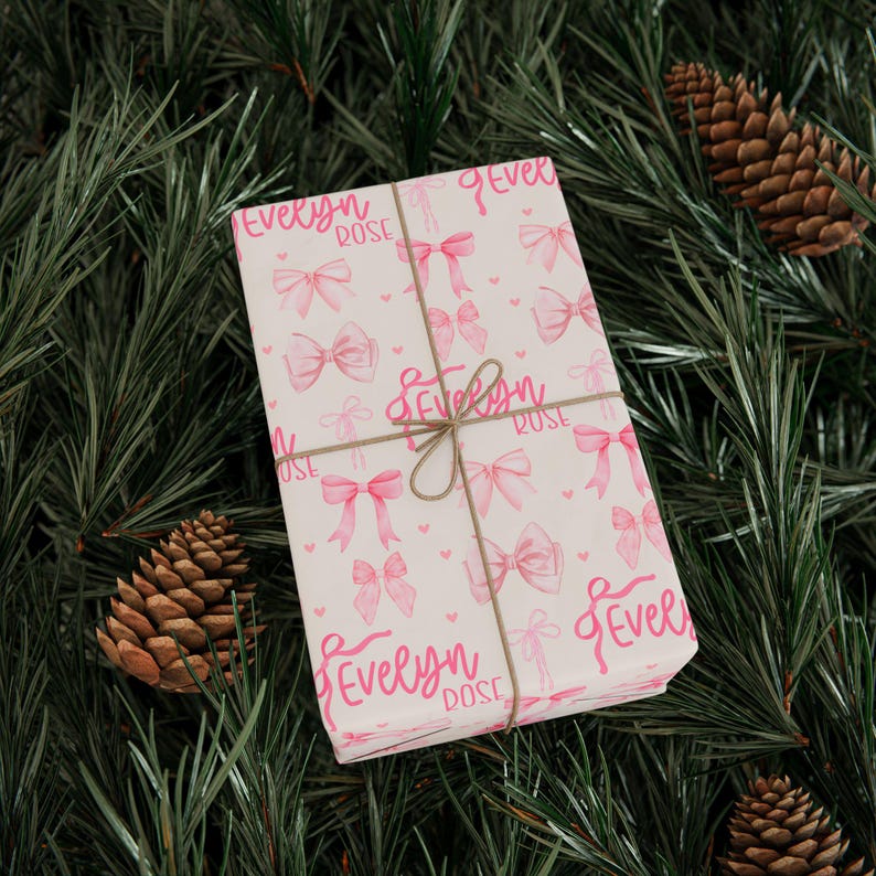 Custom Gift Wrap for Girl Wrapping Paper Pink Bows Birthday Decorations Coquette Birthday Gift Wrap Name Wrapping Paper Girl Birthday Party image 4