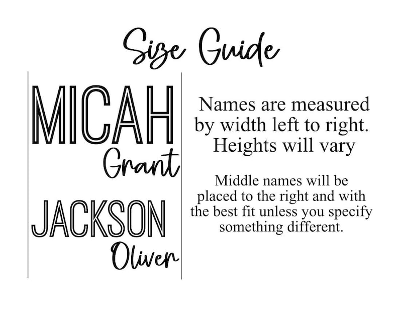 May include: A white background with the words "Size Guide" in a cursive font. Below are the names Micah, Grant, Jackson, and Oliver. Text explains how names are measured and placed.