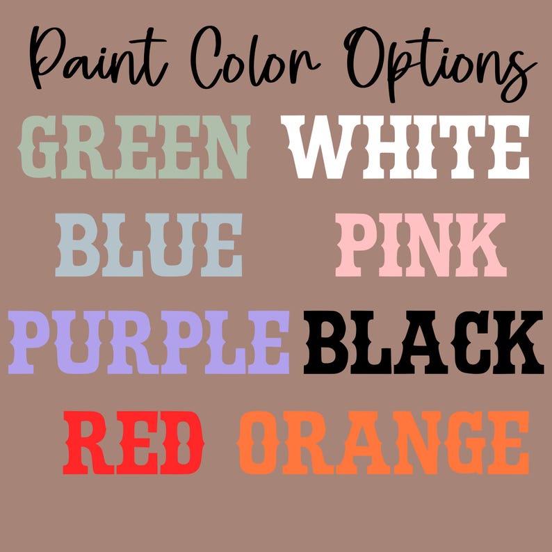 Puede incluir: Imagen que muestra opciones de color de pintura en varios colores. El texto incluye las palabras "Opciones de color de pintura" en una fuente cursiva. Las opciones de color son verde, blanco, azul, rosa, morado, negro, rojo y naranja.