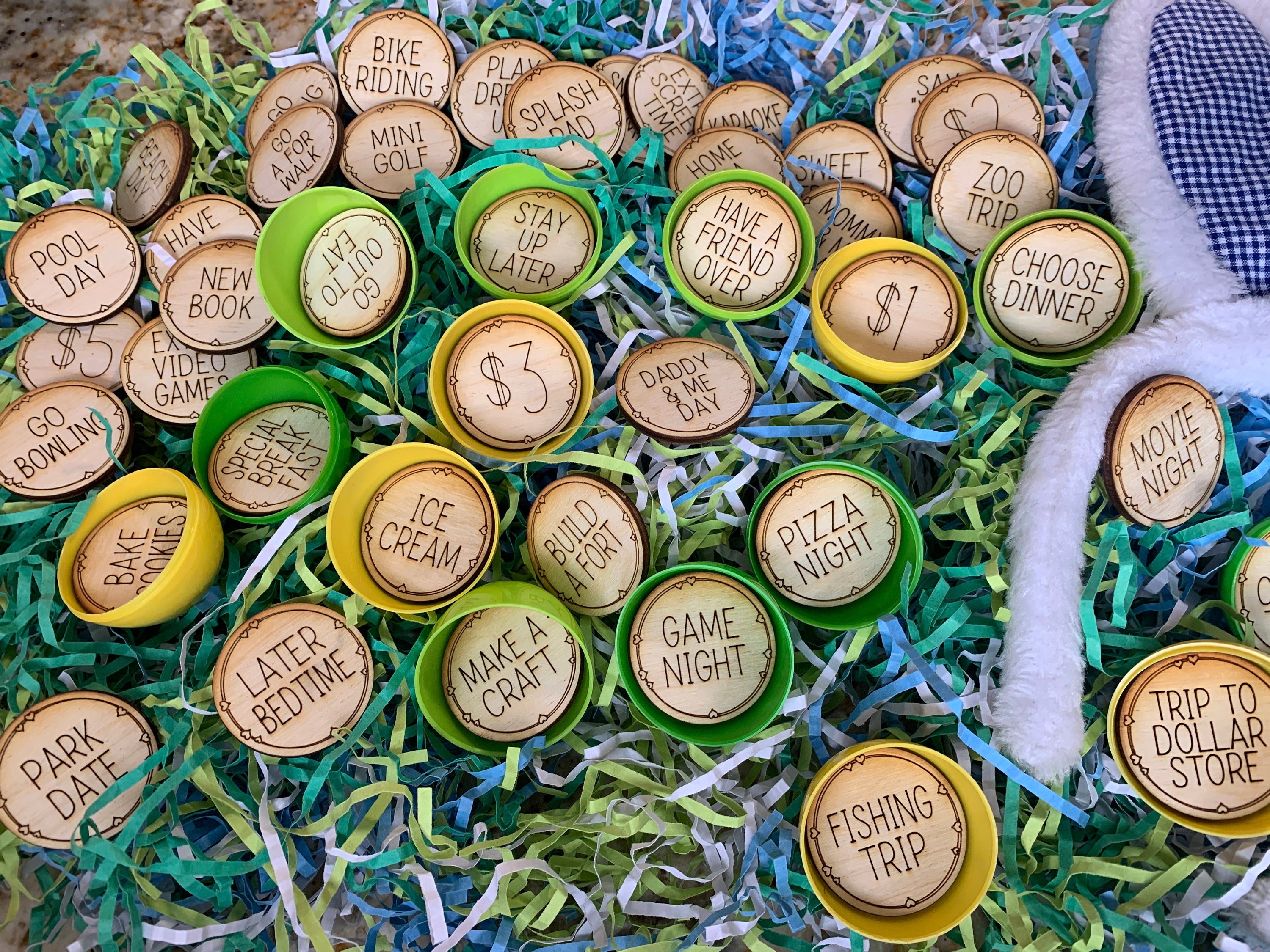 Easter Basket Egg Tokens Set of 42 | Easter Basket Stuffers | Wooden Easter Reward Coins | Egg Hunt Prizes and Rewards for Children