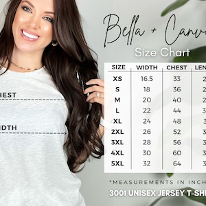 May include: Size chart for a unisex jersey t-shirt. The chart shows measurements in inches for chest, width, and length for sizes XS to 5XL.